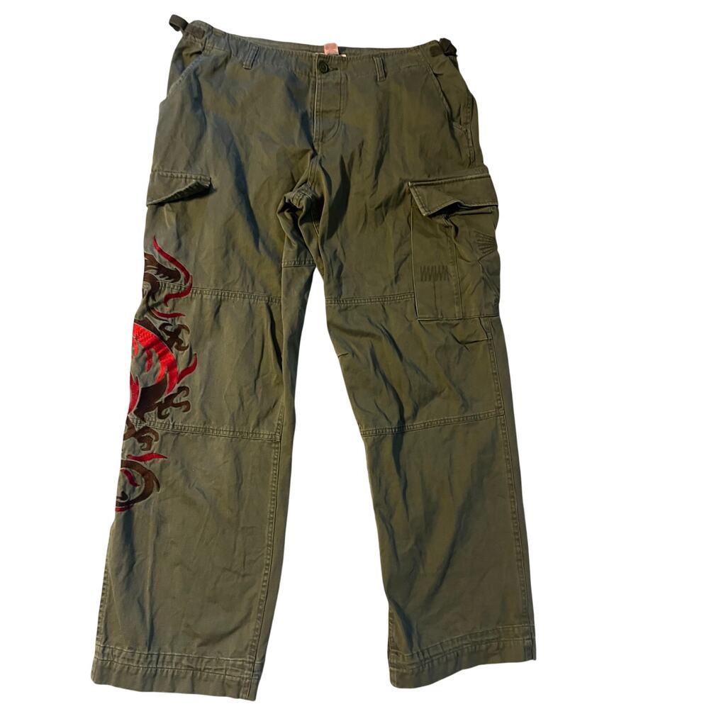 VTG Y2K Dear by Amanda Bynes Embroidered Dragon Cargo Pants Olive Green 16